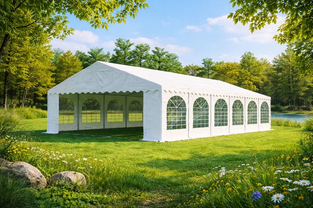 Párty stan 6x12 metrů postavený v přírodě